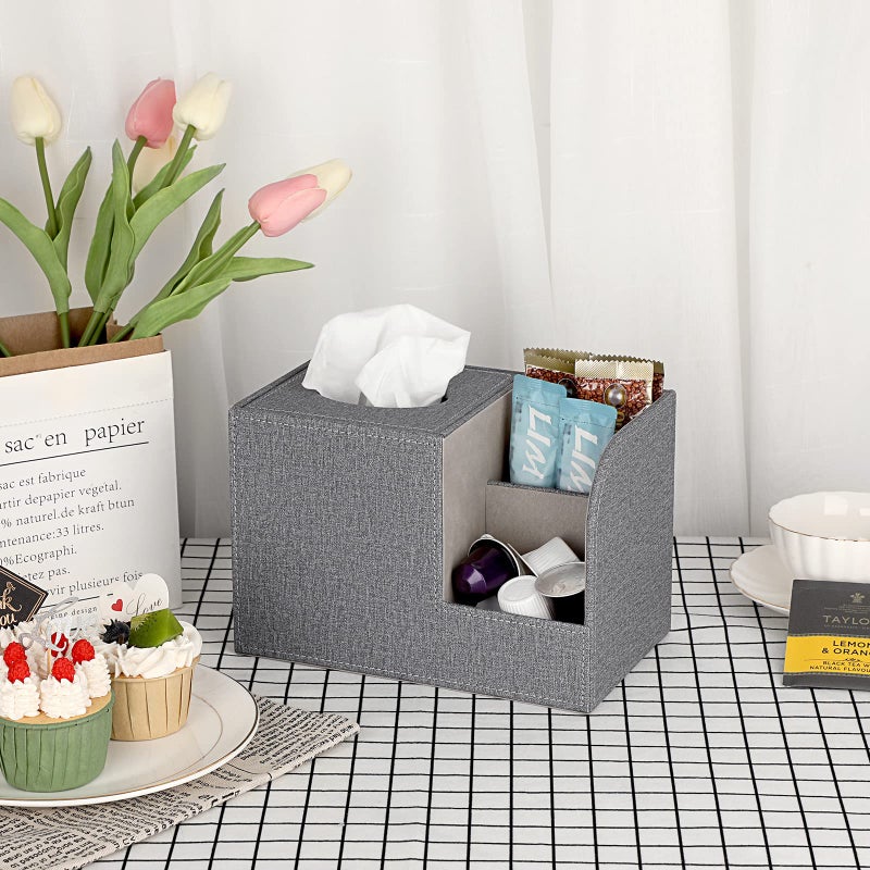 Sumnacon Square Linen Tissue Box Cover - Decorative Cube Tissue Box Holder with Side Organizer  Modern Tissue Box for Living Room Vanity Night Stand Table Countertop Office  Grey - Image 2